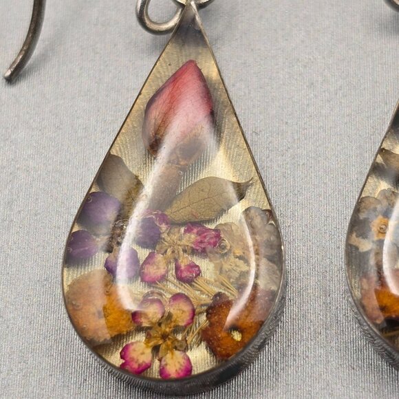 Sterling Silver Lucite Earrings 1.75" Dried Flowers Teardrop Shape ATI Mexico - Picture 8 of 10